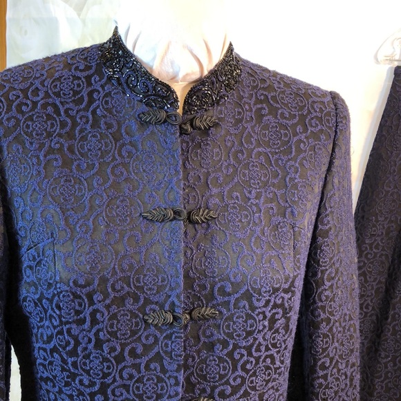 Vintage Rickie Freeman Skirt Suit Long Blazer Blue Black Frog Buttons Sequins 10 - Picture 2 of 12